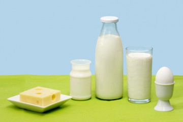 Frische Milch, Joghurt, Käse und Ei vor blauem Hintergrund